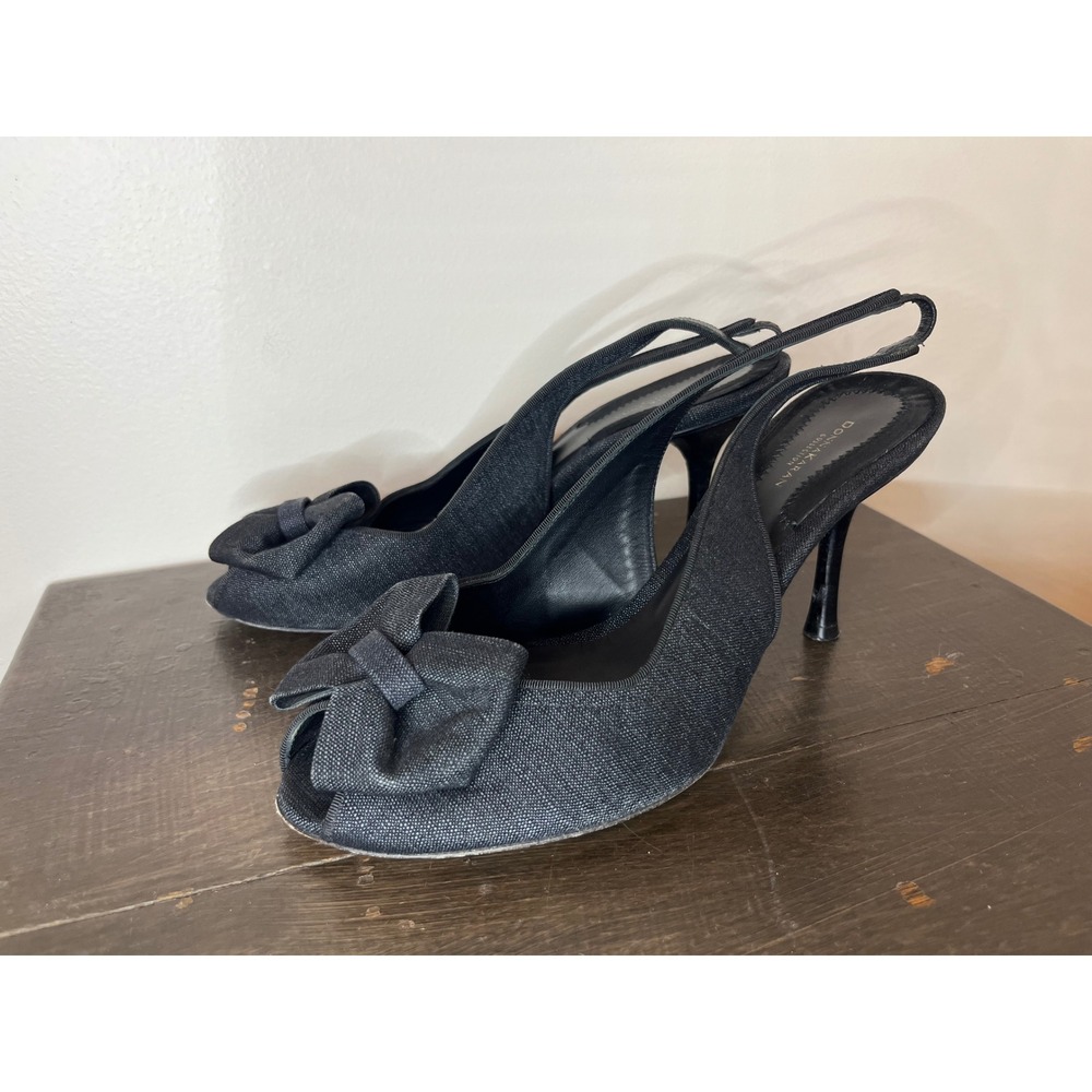 Donna Karan Collection Black Denim Bow Peep Toe‎ Slingback Heels Size EU 40 US 9